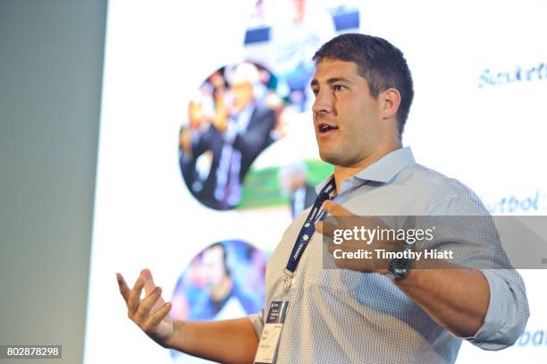 Alex Mack speaks at the Leaders Sport Performance Summit at Soldier Field on June 28, 2017 in Chicago, Illinois.