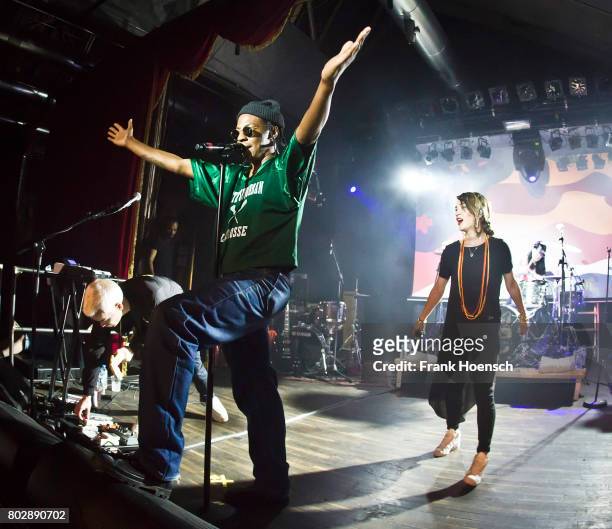 Robbie Chater, Spank Rock and Eliza Wolfgramm of the Australian band The Avalanches perform live on stage during a concert at the Festsaal Kreuzberg...