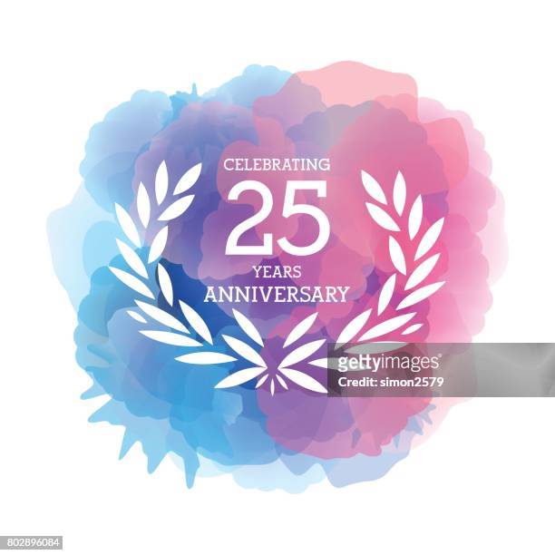 25 jahre jubiläums-emblem auf aquarell hintergrund - 25 29 years stock-grafiken, -clipart, -cartoons und -symbole