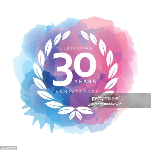 30 jahre jubiläum emblem auf aquarell hintergrund - 30 34 years stock-grafiken, -clipart, -cartoons und -symbole