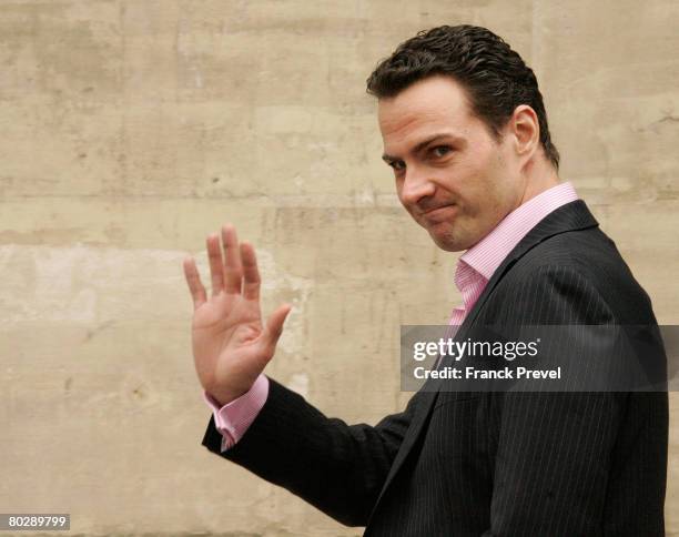 Jerome Kerviel waves after he was released on bail from La Sante Prison by a Parisian court on March 18, 2008 in Paris, France. Jerome Kerviel, the...