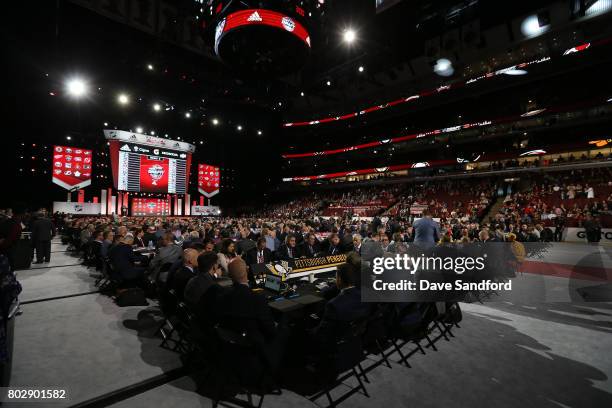 General view of the Pittsburgh Penguins draft table is seen during the 2017 NHL Draft at United Center on June 24, 2017 in Chicago, Illinois.