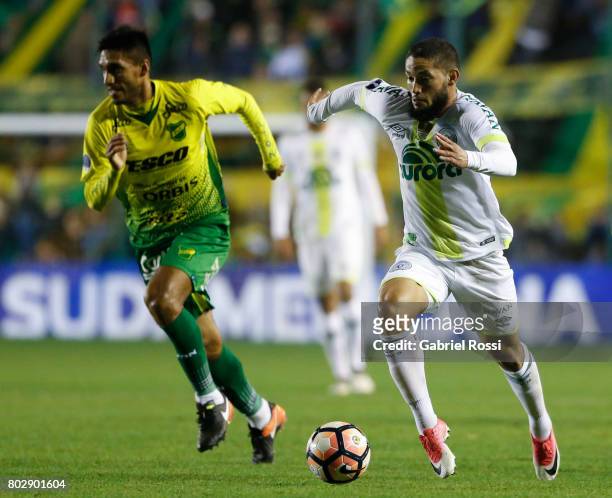 Arthur Caike of Chapecoense drives the ball during a first leg match between Defensa y Justicia and Chapecoense as part of second round of Copa...