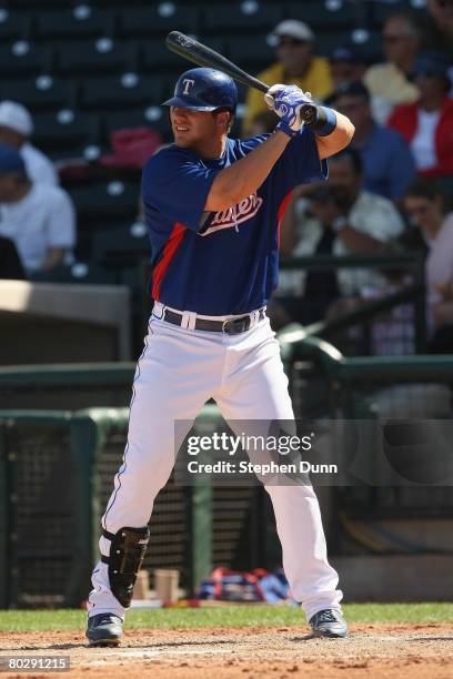 Chris Davis of the Texas Rangers bats against the Milwaukee Brewers on March 5, 2008 at Surprise Stadium in Surprise, Arizona. The Brewers won 12-6.