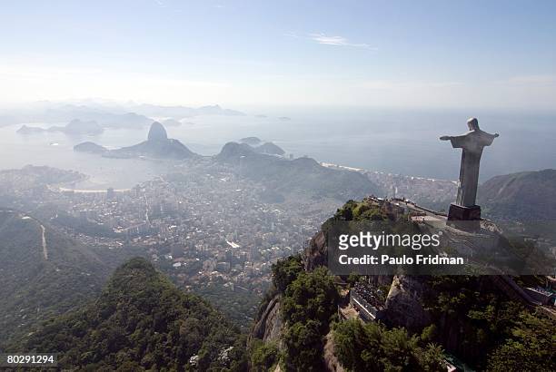aerial view of rio de janeiro from sugarloaf mountain (p?o de a??car) with christ the redeemer statue. brazil - rio de janeiro christ redeemer stock pictures, royalty-free photos & images