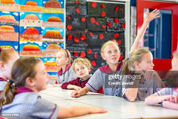 education girl answering a question in class - first day of school australia stock pictures, royalty-free photos & images