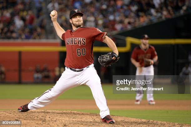 Hoover of the Arizona Diamondbacks delivers a pitch in the seventh inning of the MLB game against the Milwaukee Brewers at Chase Field on June 11,...