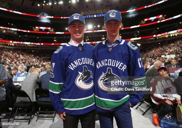 Kole Lind 33rd overall pick by the Vancouver Canucks poses with Elias Pettersson , fifth overall pick, during the 2017 NHL Draft at United Center on...