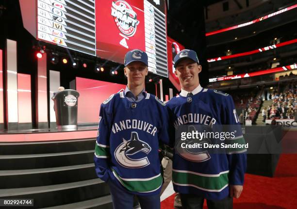 Kole Lind 33rd overall pick by the Vancouver Canucks poses with Elias Pettersson , fifth overall pick, during the 2017 NHL Draft at United Center on...