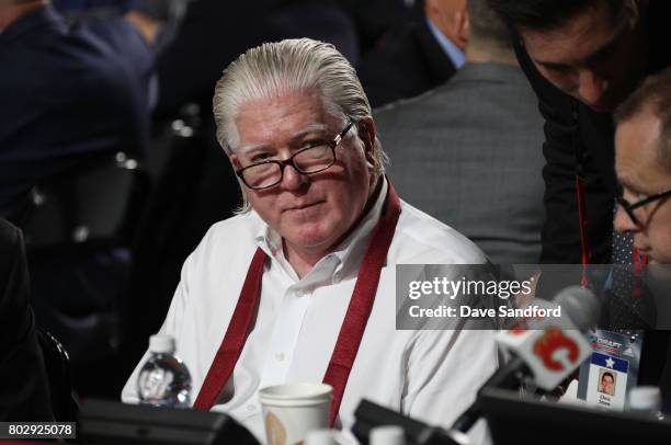 President of hockey operations Brian Burke of the Calgary Flames attends the 2017 NHL Draft at United Center on June 24, 2017 in Chicago, Illinois.