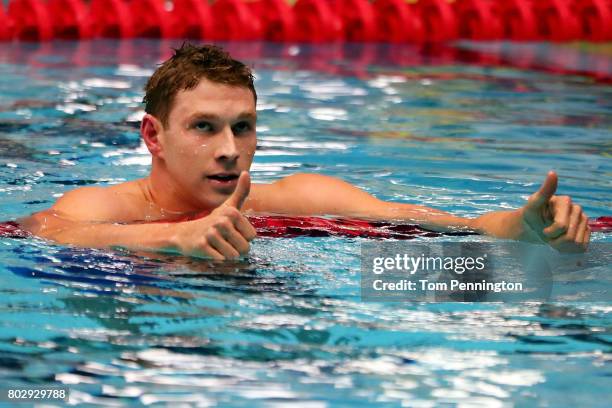 Ryan Murphy celebrates after winning the Men's 200 LC Meter Backstroke Final during the 2017 Phillips 66 National Championships & World Championship...