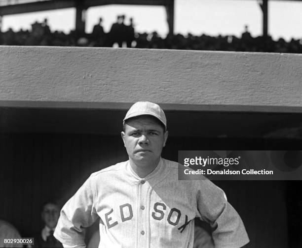 Baseball player Babe Ruth on the field in his Boston Red Sox uniform in 1919 in New York, New York.