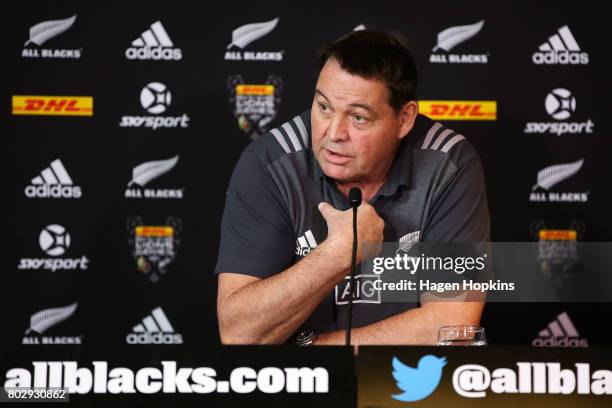 Coach Steve Hansen speaks to media during a New Zealand All Blacks press conference on June 29, 2017 in Wellington, New Zealand.