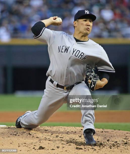 Starting pitcher Masahiro Tanaka of the New York Yankees delivers the ball against the Chicago White Sox at Guaranteed Rate Field on June 28, 2017 in...