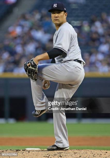Starting pitcher Masahiro Tanaka of the New York Yankees delivers the ball against the Chicago White Sox at Guaranteed Rate Field on June 28, 2017 in...