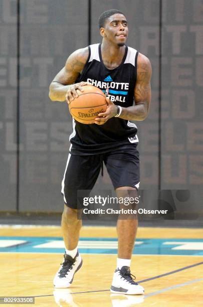 The Charlotte Hornets' Dwayne Bacon prepares to shoot during practice at the Spectrum Center in Charlotte, N.C., on Wednesday, June 28, 2017.