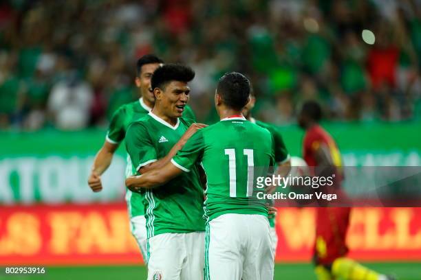 Elias Hernandez of Mexico celebrates after scoring the opening goal during the friendly match between Mexico and Ghana at NRG Stadium on June 28,...
