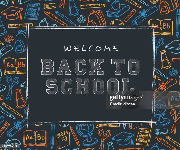 ilustraciones, imágenes clip art, dibujos animados e iconos de stock de volver a escuela de fondo con iconos de línea arte - ilustración - back to school