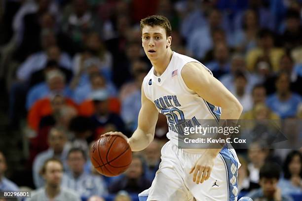 Tyler Hansbrough of the North Carolina Tar Heels moves the ball against the Clemson Tigers in the 2008 Men's ACC Basketball Tournament at Bobcats...