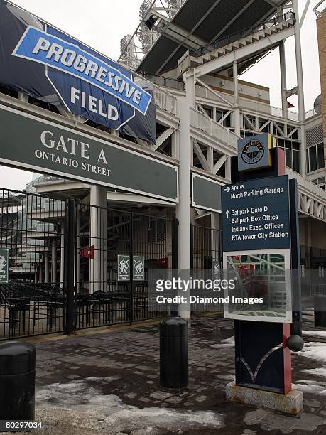 Progressive Field sign hangs over Gate A as the map sign still shows the Jacob's Field logo outside of Prgressive Field on Saturday, March 15, 2008...