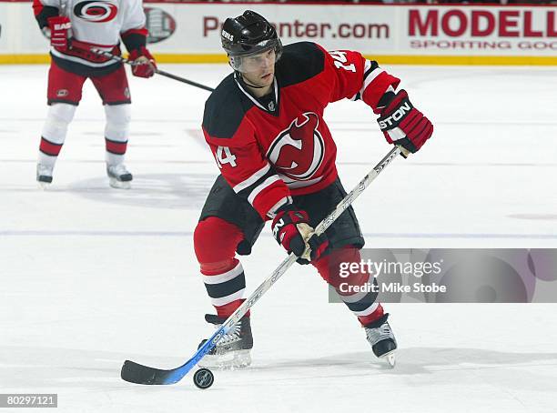 Brian Gionta of the New Jersey Devils skates against the Carolina Hurricanes during their game at the Prudential Center on February 9, 2008 in...