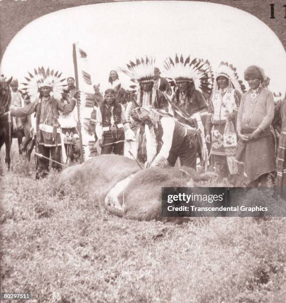 Chiricahua Apache Geronimo and others attend a buffalo ceremony, late 1800s or early 1900s.