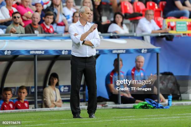 Coach Vitezslav Lavicka of Czech Republic looks on during the UEFA European Under-21 Championship Group C match between Germany and Czech Republic at...