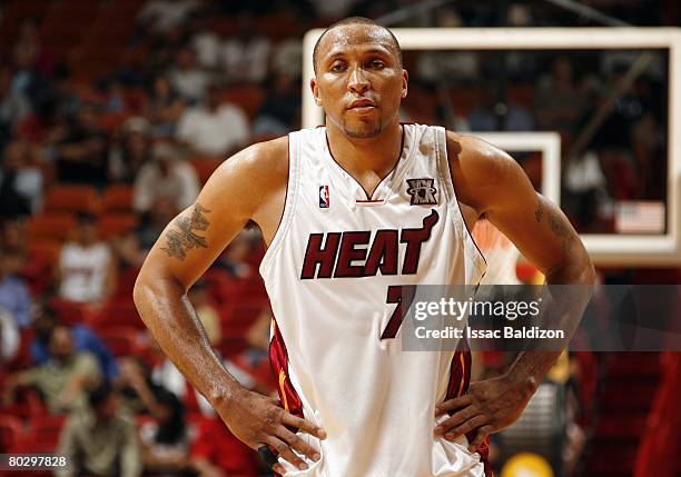 Shawn Marion of the Miami Heat looks on during the game against the Toronto Raptors at the American Airlines Arena on March 5, 2008 in Miami,...