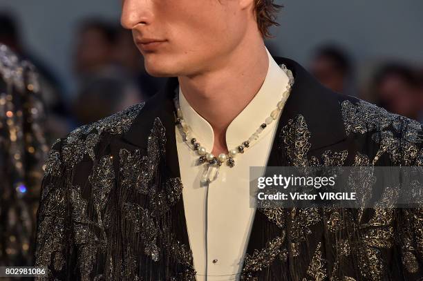 Model walks the runway during the Alexander Mcqueen Menswear Spring/Summer 2018 show as part of Paris Fashion Week on June 25, 2017 in Paris, France.