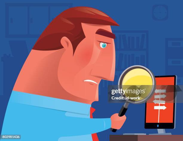 businessman searching with magnifying glass - computer confused stock illustrations
