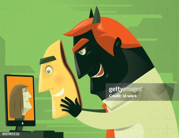 evil businessman video chatting with smiling mask - mask disguise stock illustrations