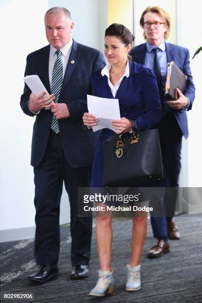 Michelle Payne exits the hearing room after receiving a four week suspension for testing positive to a banned substance on June 29, 2017 in...