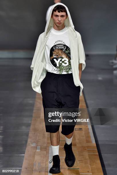 Model walks the runway during the Y3 Menswear Spring/Summer 2018 show as part of Paris Fashion Week on June 25, 2017 in Paris, France.