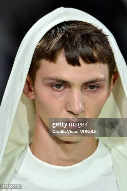 Model walks the runway during the Y3 Menswear Spring/Summer 2018 show as part of Paris Fashion Week on June 25, 2017 in Paris, France.