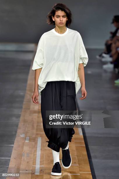 Model walks the runway during the Y3 Menswear Spring/Summer 2018 show as part of Paris Fashion Week on June 25, 2017 in Paris, France.