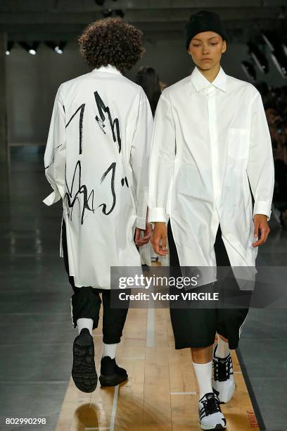 Model walks the runway during the Y3 Menswear Spring/Summer 2018 show as part of Paris Fashion Week on June 25, 2017 in Paris, France.