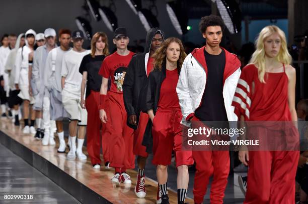 Model walks the runway during the Y3 Menswear Spring/Summer 2018 show as part of Paris Fashion Week on June 25, 2017 in Paris, France.