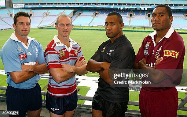 Danny Buderus, Darren Lockyer, Roy Asotasi and Petero Civoniceva display the heritage jerseys during the Rugby League representative season launch...