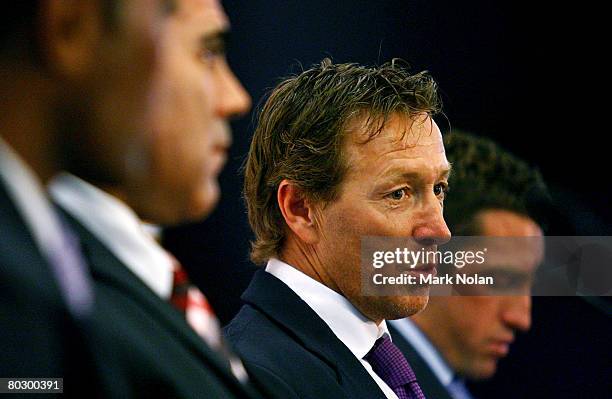 New South Wales Blues and Melbourne Storm coach Craig Bellamy talks to the gathering during the Rugby League representative season launch held at ANZ...