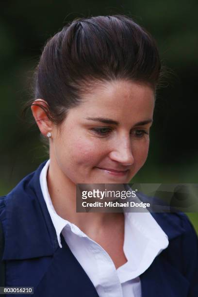 Jockey Michelle Payne arrives ahead of a hearing into her alleged positive test for banned substance on June 29, 2017 in Melbourne, Australia.