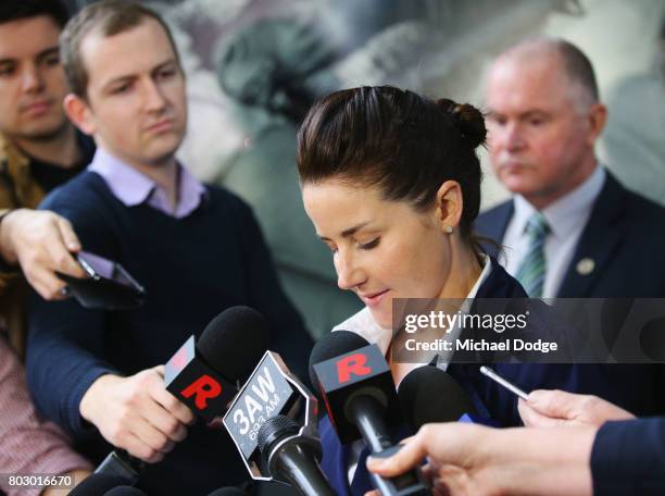 Jockey Michelle Payne makes a statement after receiving a four week suspension for a positive test to a banned substance on June 29, 2017 in...