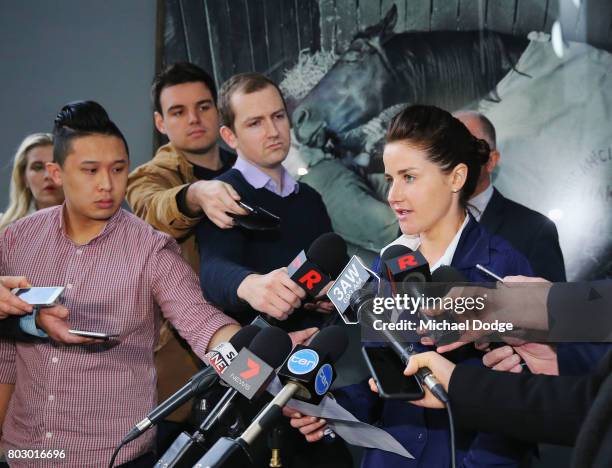 Jockey Michelle Payne makes a statement after receiving a four week suspension for a positive test to a banned substance on June 29, 2017 in...