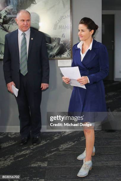 Jockey Michelle Payne makes a statement after receiving a four week suspension for a positive test to a banned substance on June 29, 2017 in...