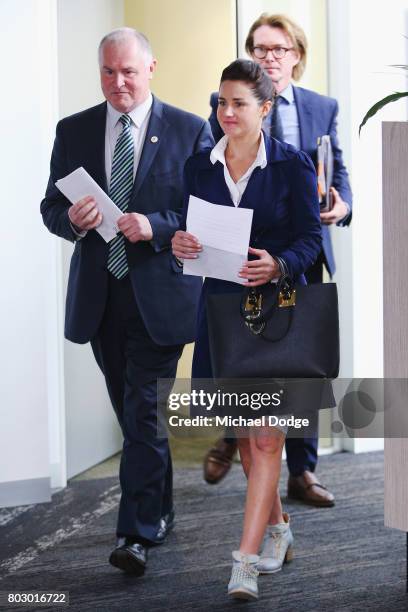 Jockey Michelle Payne exits the hearing room after receiving a four week suspension for a positive test to a banned substance on June 29, 2017 in...