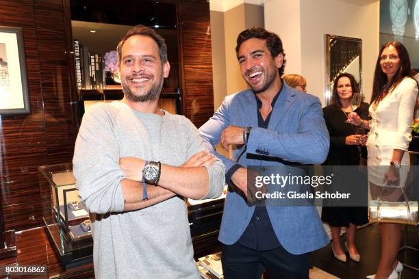 Moritz Bleibtreu and Elyas M'Barek attend the exclusive grand opening event of the new IWC Schaffhausen Boutique in Munich on June 28, 2017 in...