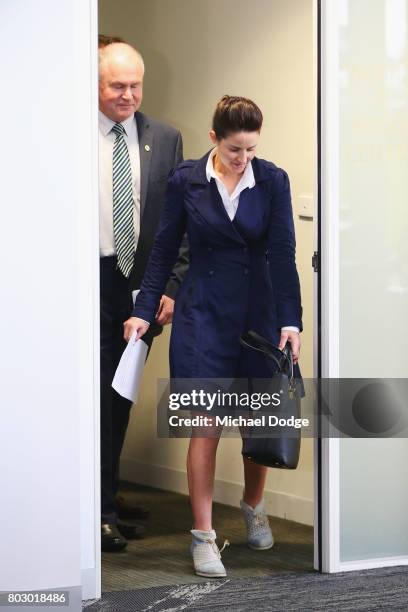 Jockey Michelle Payne exits the hearing room after receiving a four week suspension for a positive test to a banned substance on June 29, 2017 in...