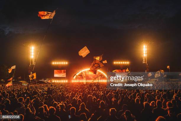 General view of the crowd as The Weeknd performs on stage on Day 5 of Roskilde Festival on June 28, 2017 in Roskilde, Denmark.