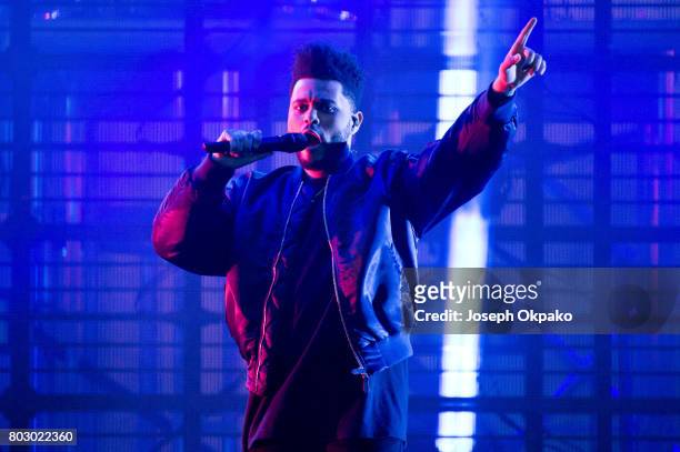 The Weeknd performs on stage on Day 5 of Roskilde Festival on June 28, 2017 in Roskilde, Denmark.