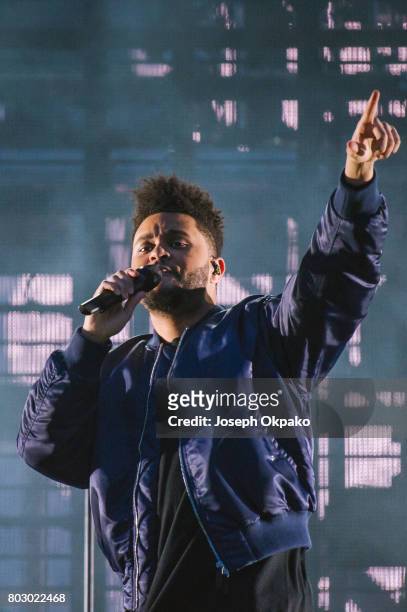 The Weeknd performs on stage on Day 5 of Roskilde Festival on June 28, 2017 in Roskilde, Denmark.