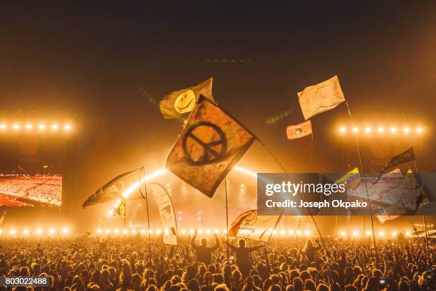 General view of the crowd as The Weeknd performs on stage on Day 5 of Roskilde Festival on June 28, 2017 in Roskilde, Denmark.